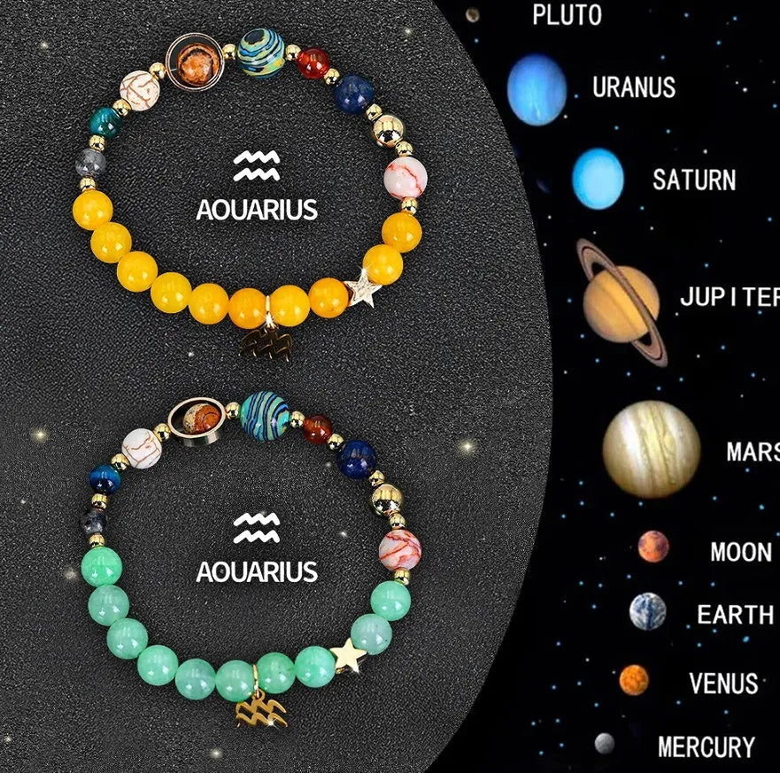 Two natural stone beaded bracelets for Chinese Zodiac signs laid side by side.