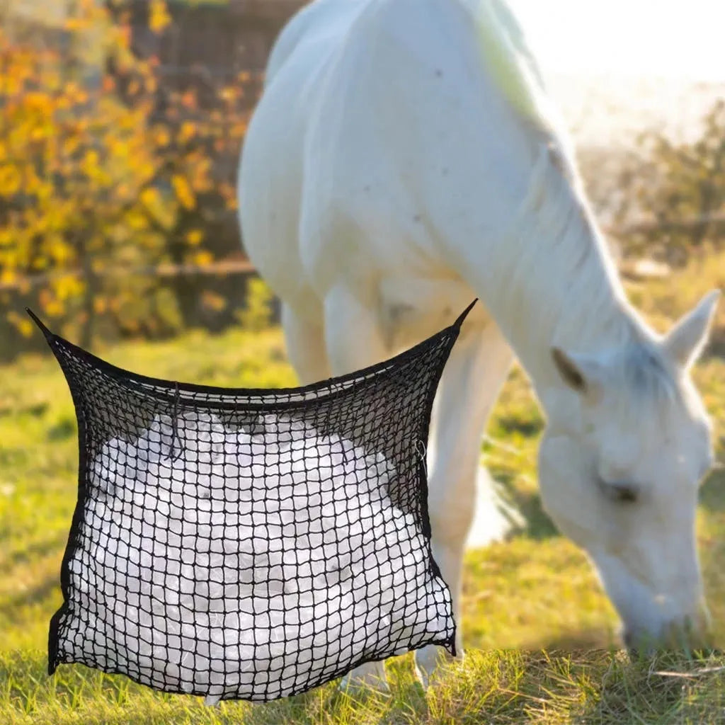 Black woven PE rope hanging feeding bag with grid mesh, sized for a horse.
