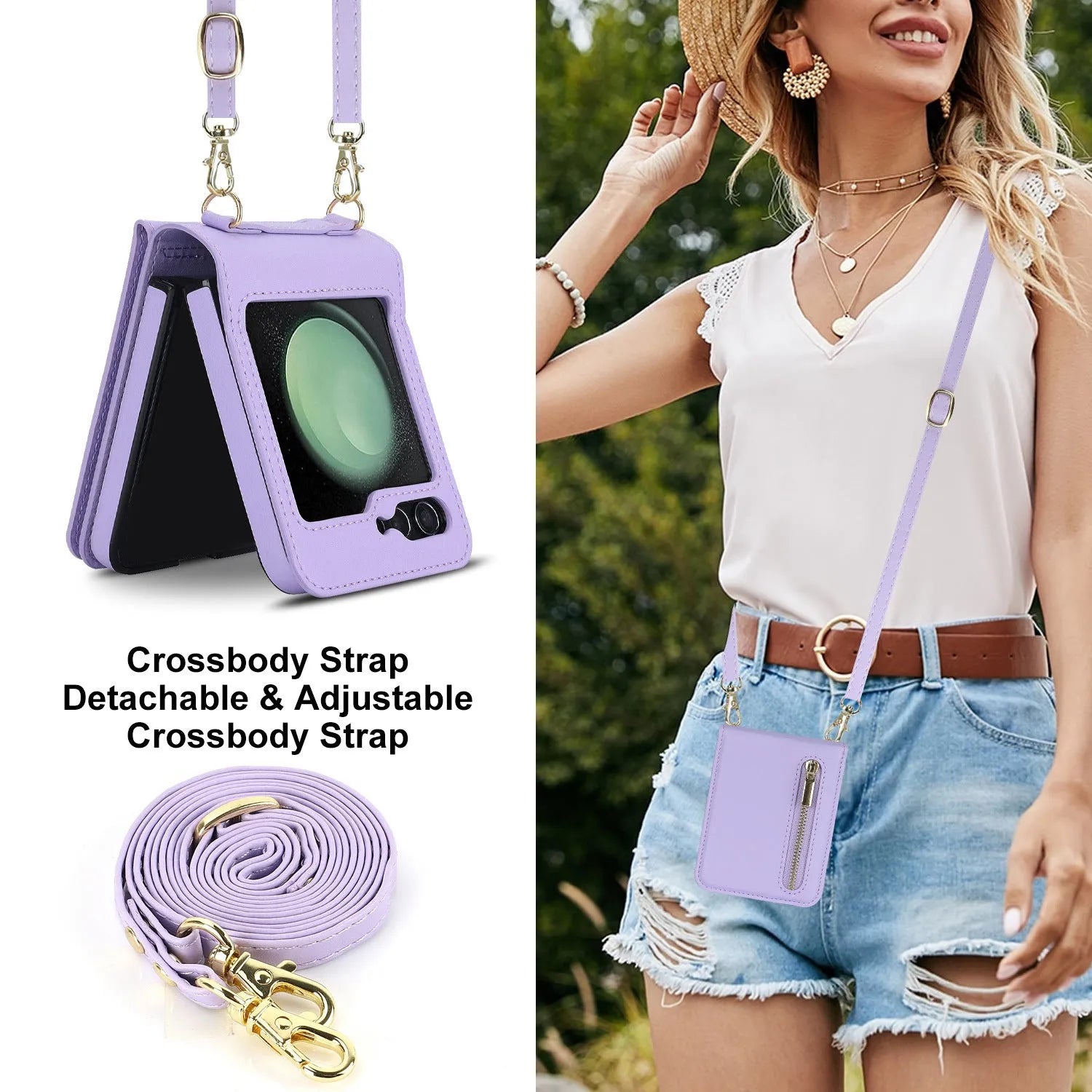 Purple zipper crossbody flip phone case for Samsung Galaxy Z Flip 3/4/5/6 with lanyard and bracket stand