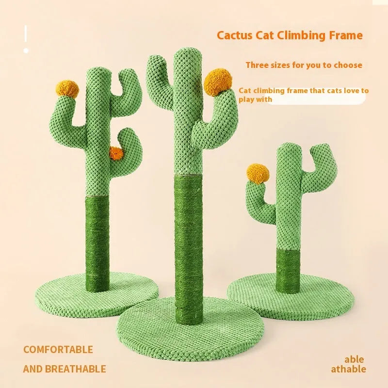 Cactus-shaped cat scratching climber and flat coconut tree scratch board made from cotton thread.