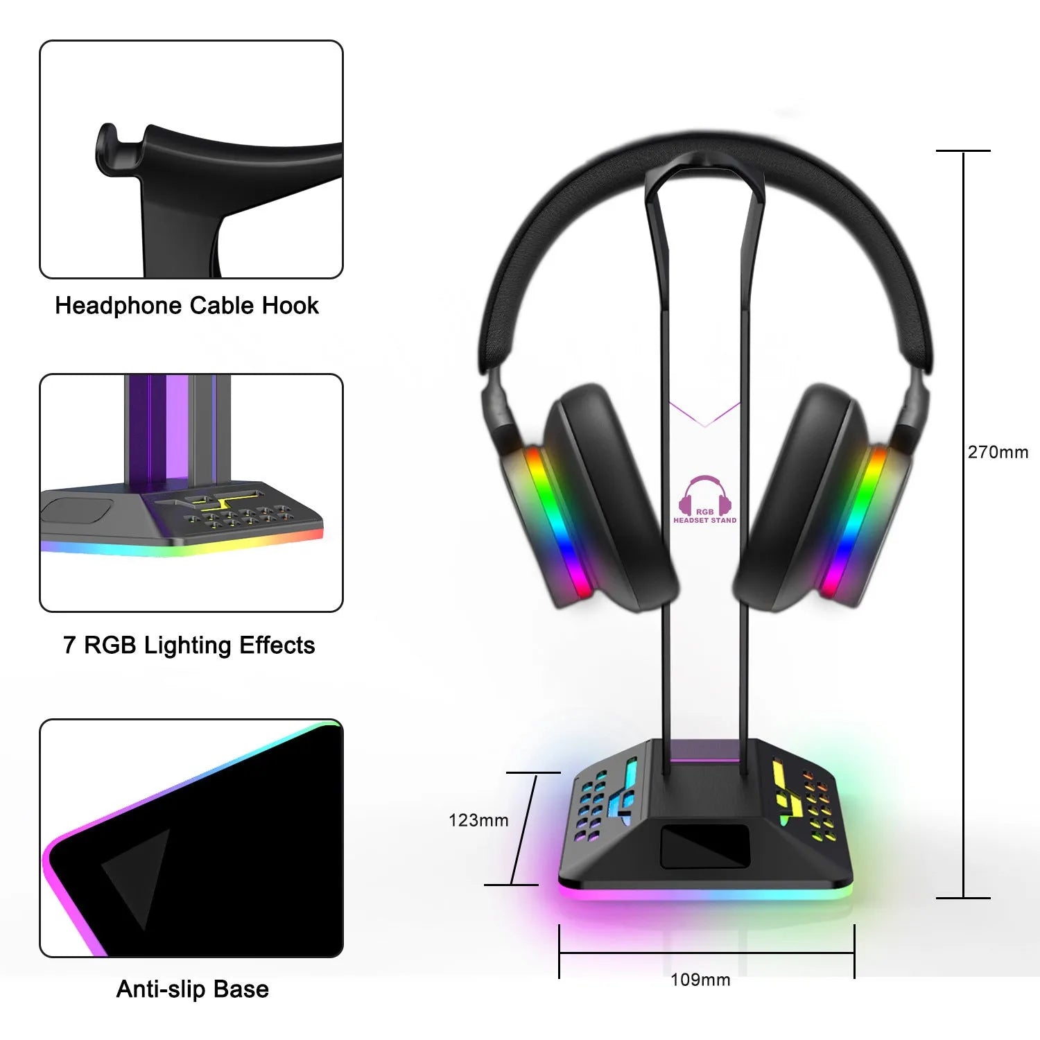 RGB headphone display stand with dual USB ports and colour changing lights on a desk