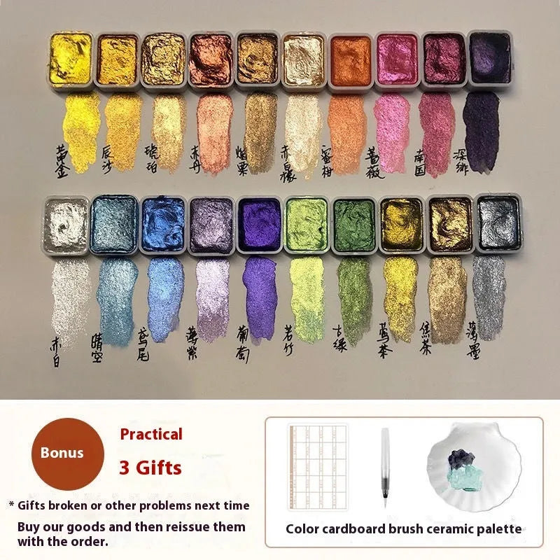 Traditional Chinese painting mineral pearlescent watercolour set showing 20 colour tubes including warm series, cold palette and red, white, gold pearlescent colours