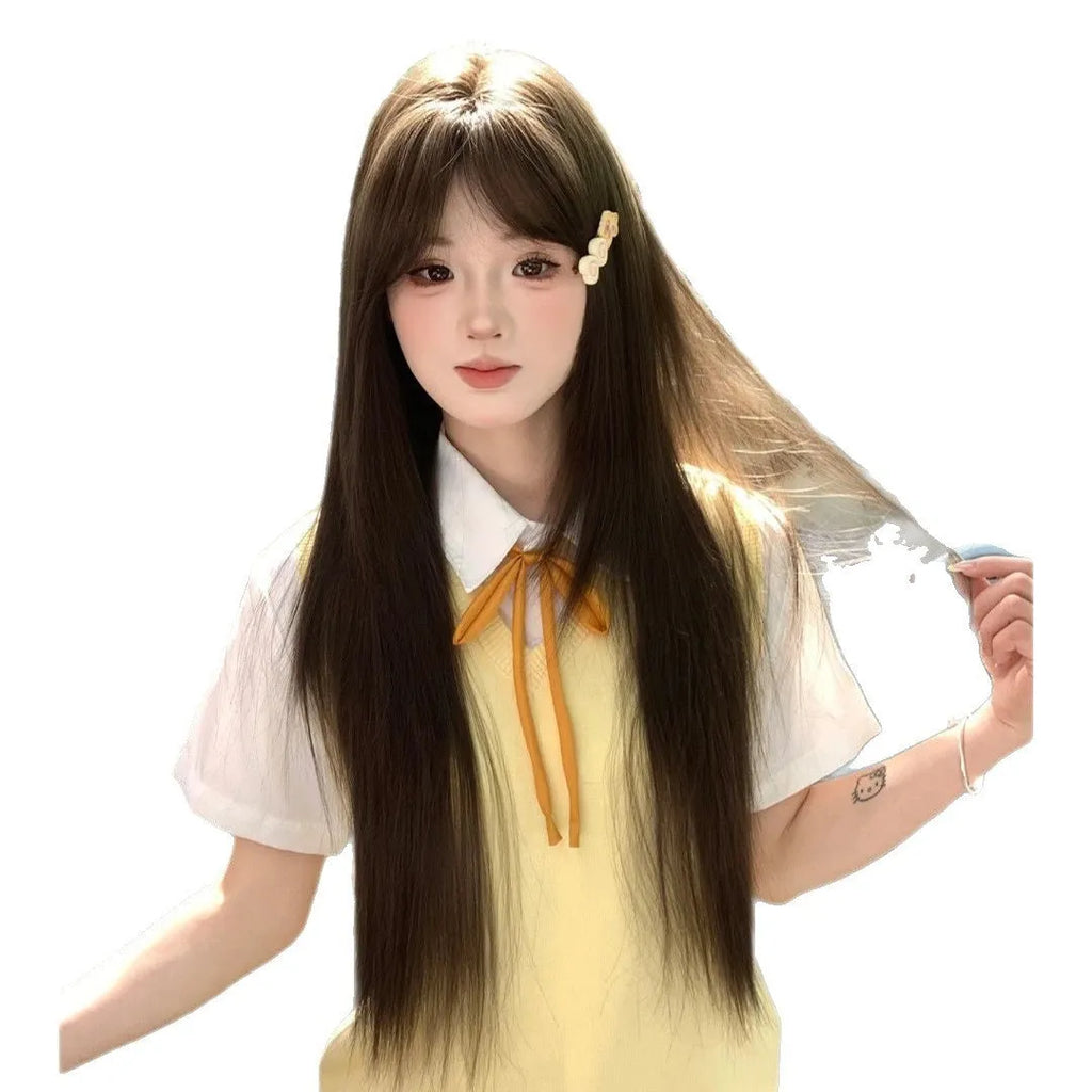 Full repair inner angle long straight hair full-head wig in Cold Brown with side bangs on display
