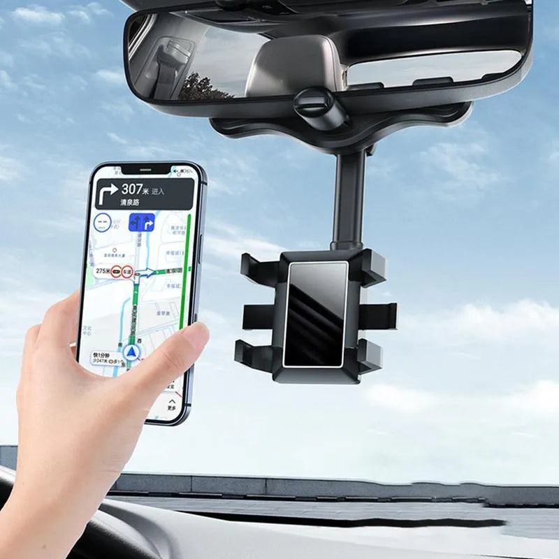 Black rearview mirror car phone holder showing 360-degree rotation and retractable arm extended.