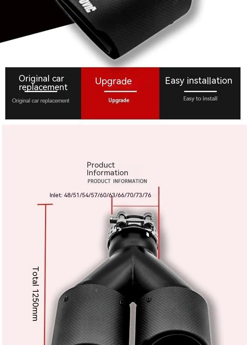 Black carbon fibre car exhaust pipe with twin tail nozzle and dual outlet.
