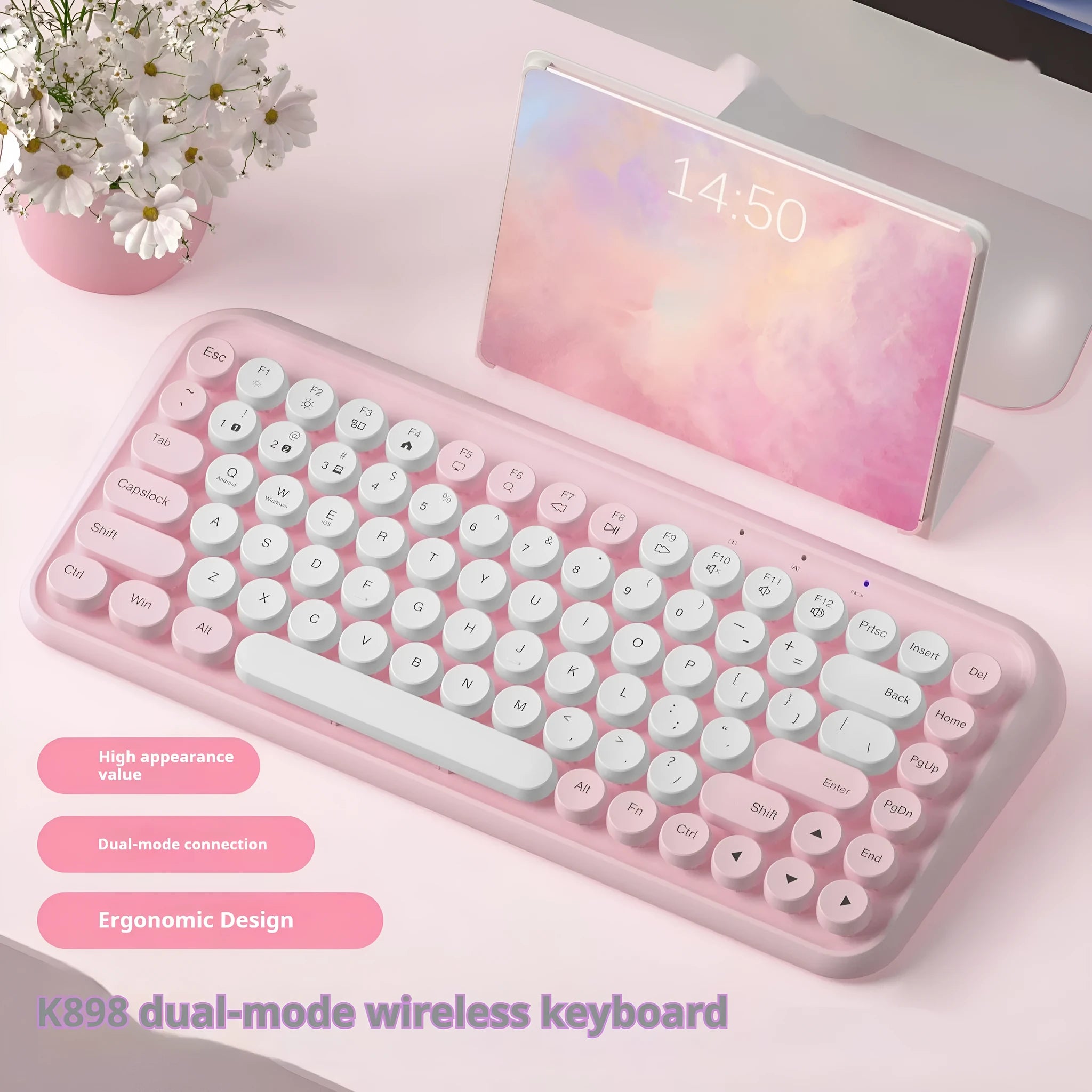 Pink wireless Bluetooth keyboard with 84 mute keys showing portable design
