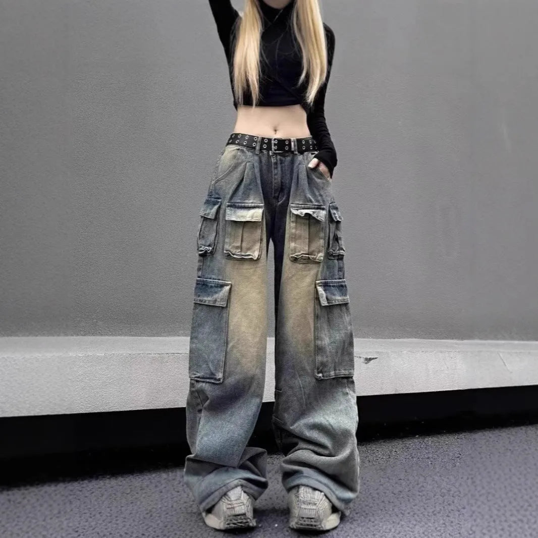 Loose fit distressed denim pants with multiple pockets in straight-leg street style