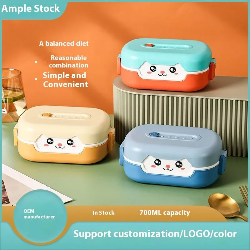Square plastic divided lunch box for students with 301-500ml capacity and microwave-safe construction