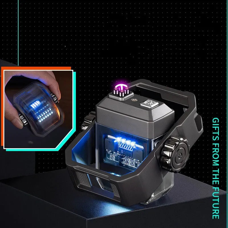 Blue folding electric arc lighter with a mechanical gyroscope, showing windproof double arcs and USB Type-C port.