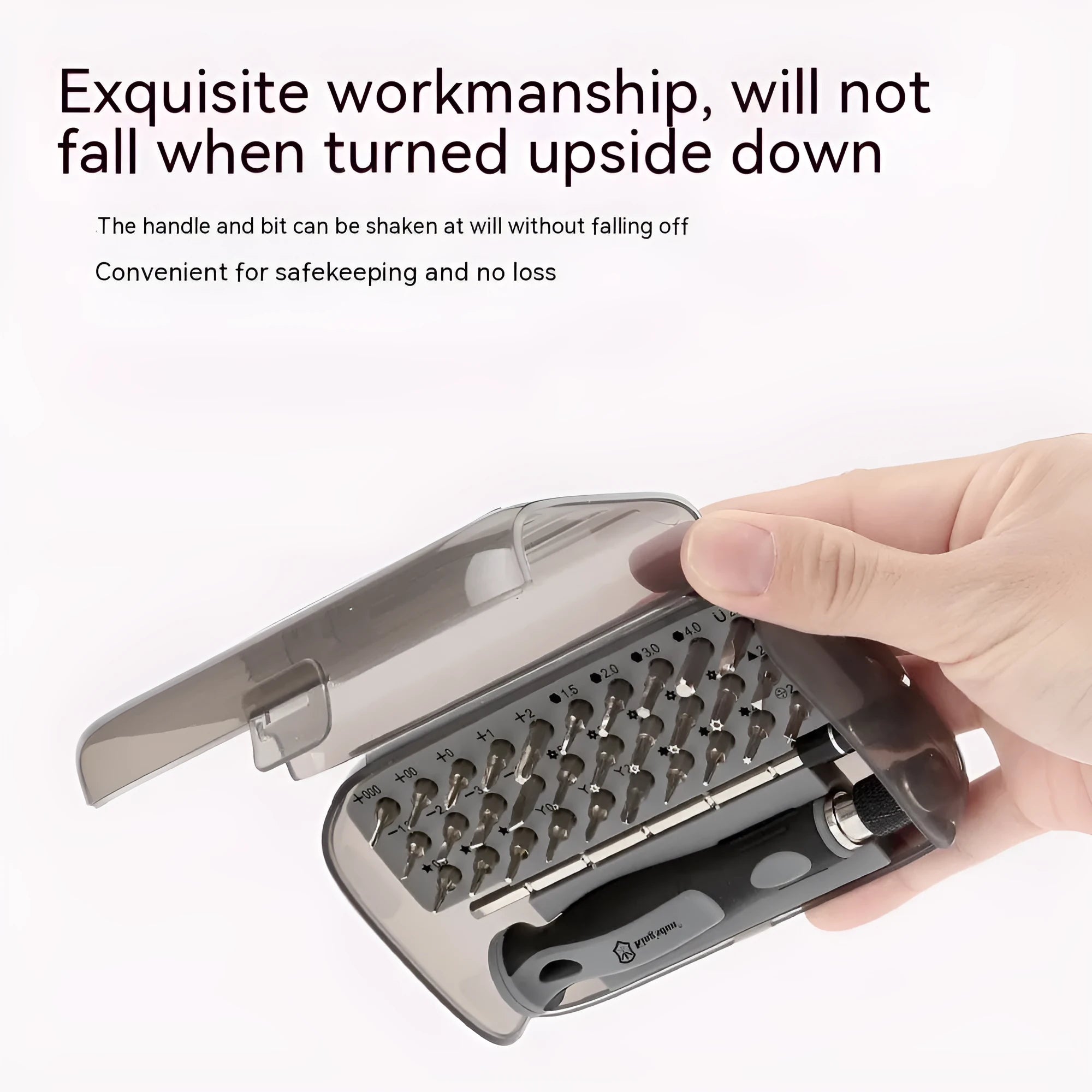 32-in-1 screwdriver set with 30 bits in a black plastic case and soft-grip handle for repairs.