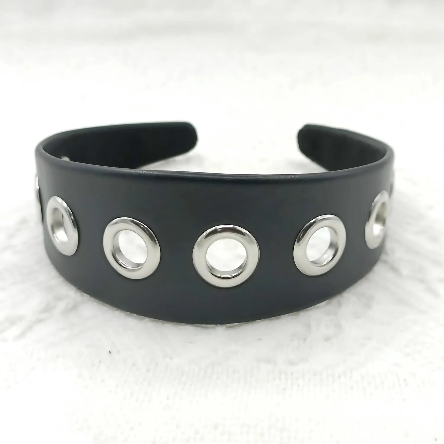 Black handmade artificial leather wide headband with punk style round and square rivets