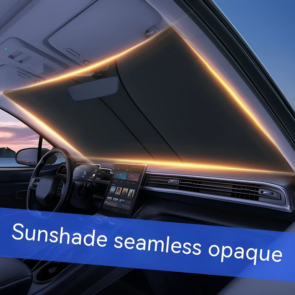 Car front shield sunshade with double elastic loops and titanium silver reflective surface