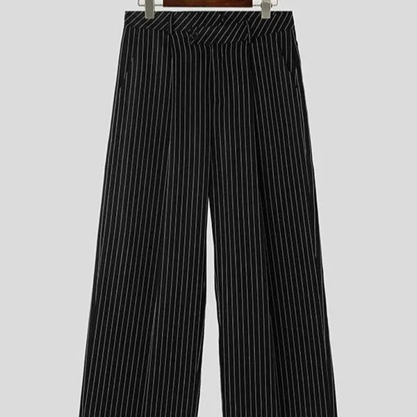 Black men's trousers with vertical stripes and pleated front design on elastic fabric