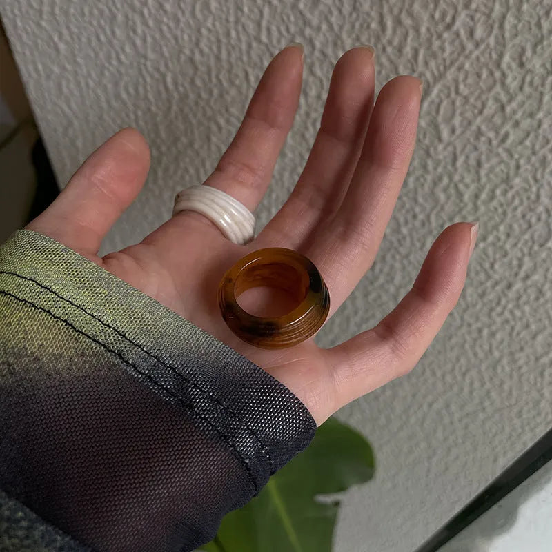 Chinese style irregular resin wide ring in geometric shape with retro colours