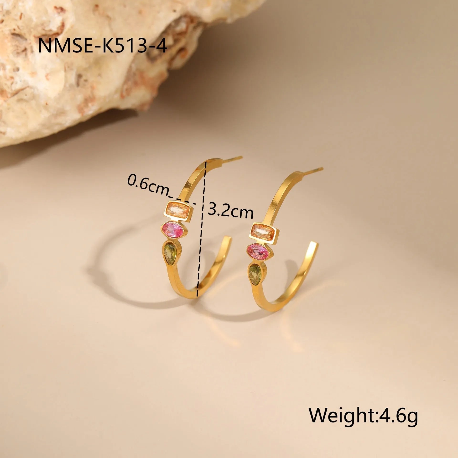 Geometric colour zircon jewellery set with gold plated necklace, ring and earrings on stainless steel
