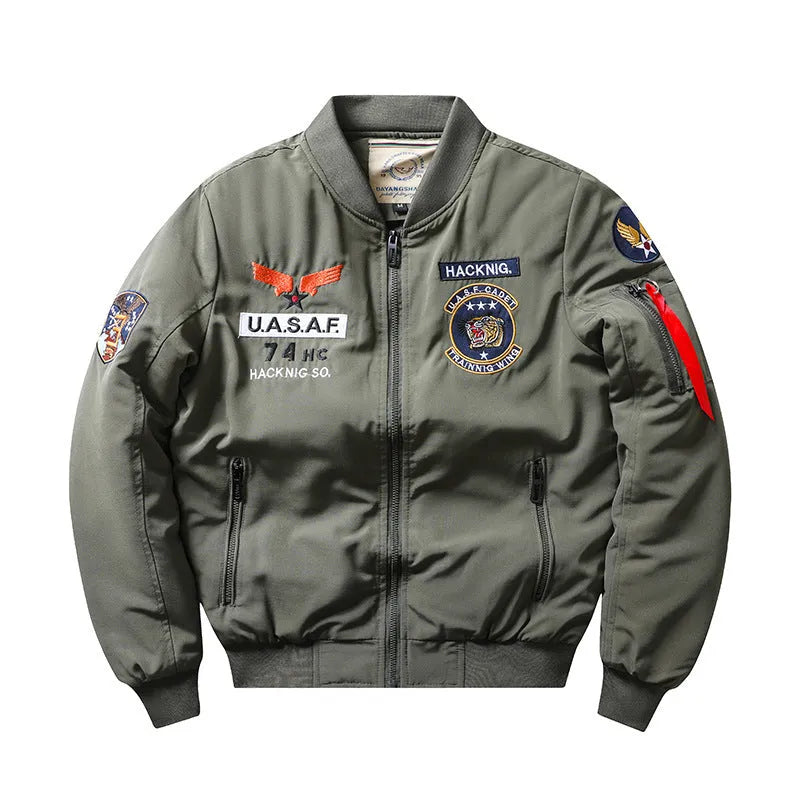 Men's slim-fit stand collar motorcycle coat in retro embroidery style with patch pockets