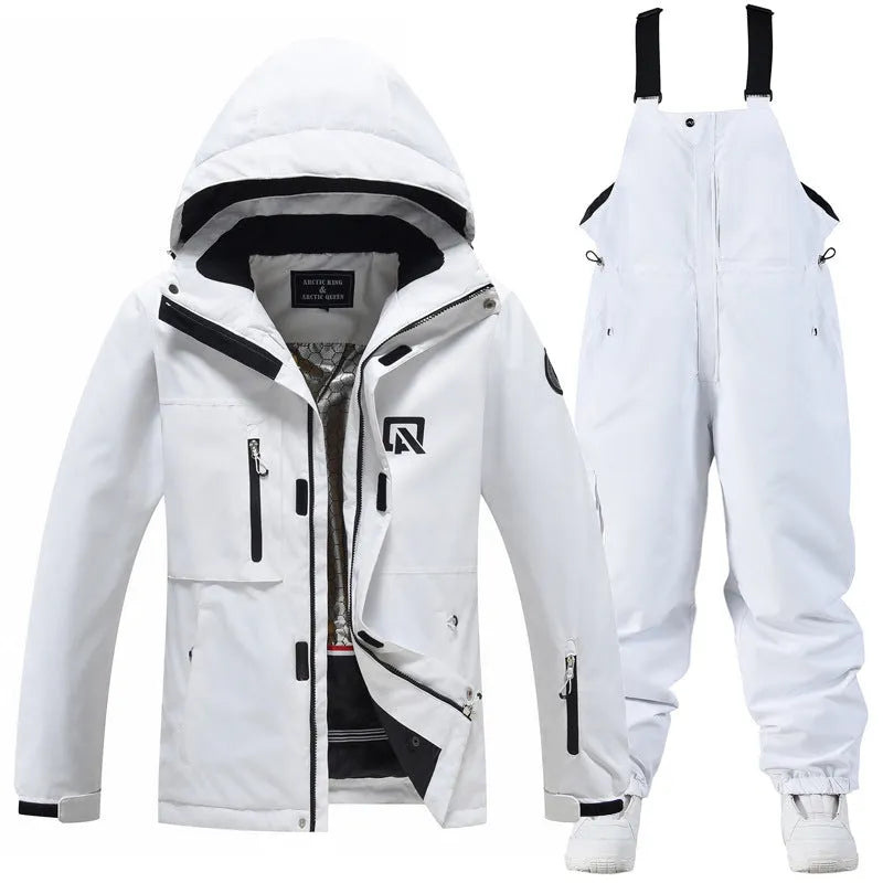 Blue and black unisex waterproof ski suit jacket and trousers for winter sports
