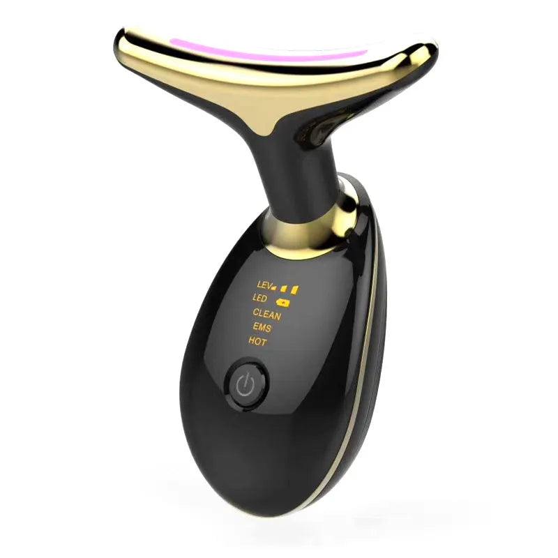 Grey ES-1081 electric microcurrent neck massager with LED lights for skin tightening and wrinkle reduction.