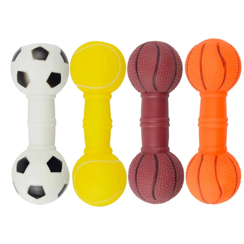 Brown, orange, white, and yellow PVC football dumbbell shaped dog toy with squeaker.