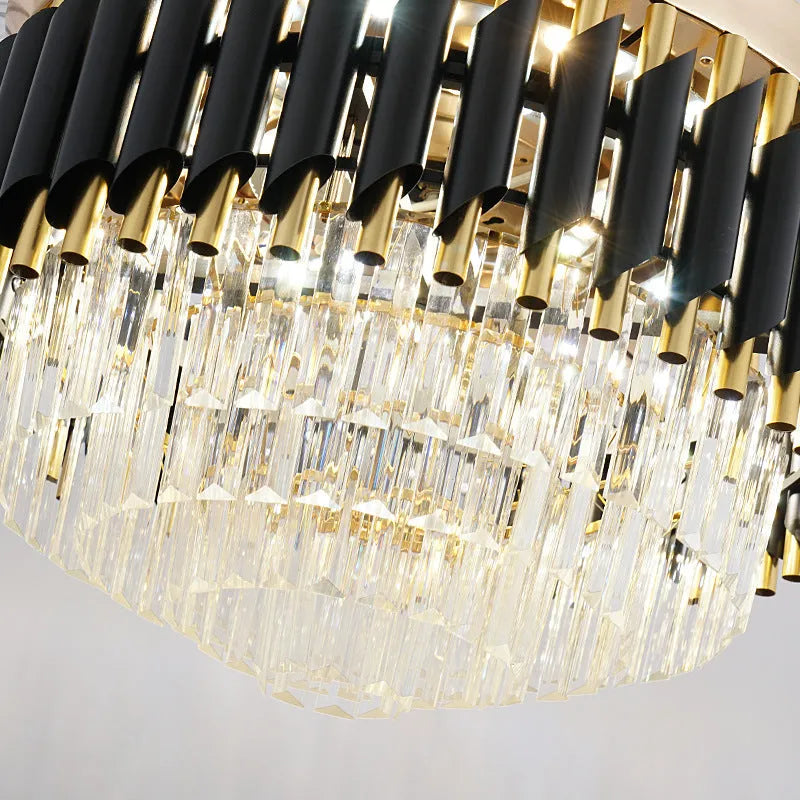 LED crystal chandelier ceiling fan light with wooden blades and remote control on a white ceiling.