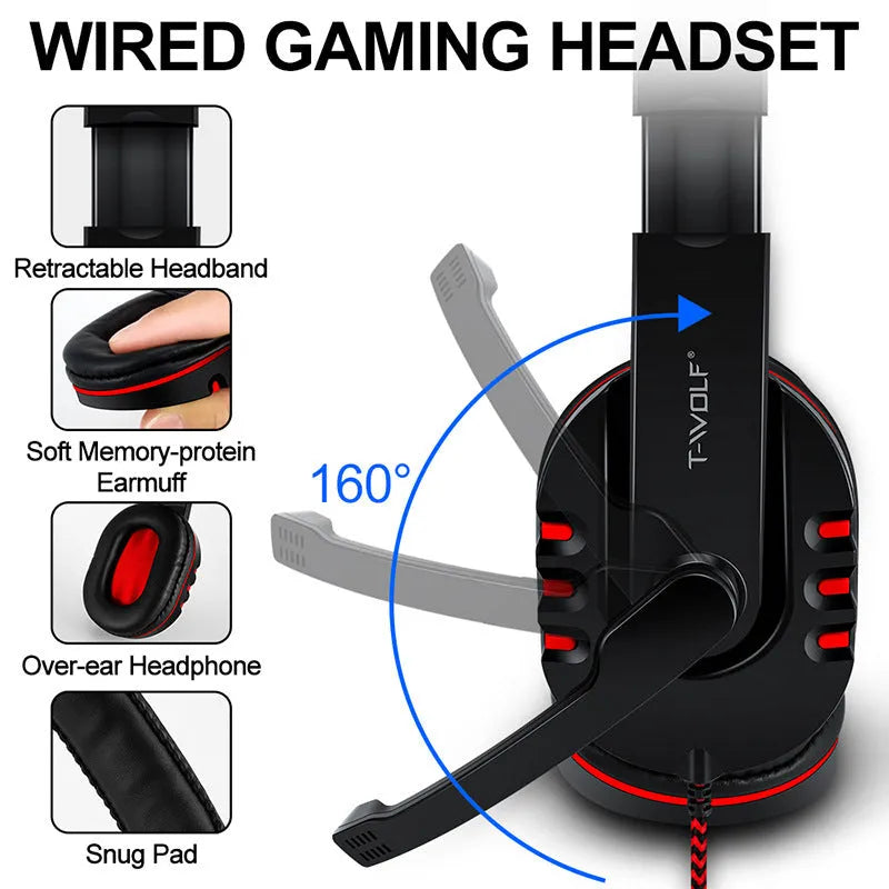 Wired gaming keyboard and mouse set with headset and mouse pad arranged on desk