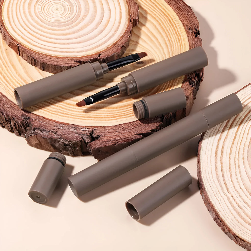 Double-headed eyebrow cream showing pencil and powder ends with five shade options displayed
