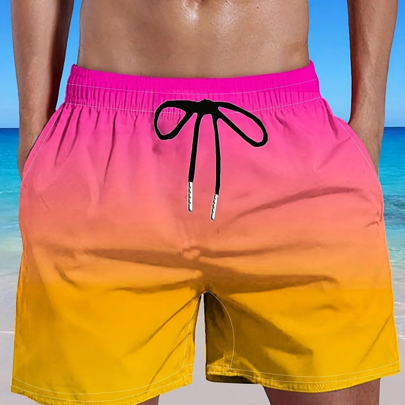 Men's sports shorts with a gradient colour 3D digital print on black mesh fabric.