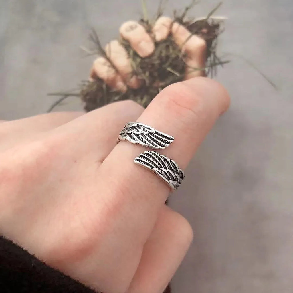 Love couple plain silver ring set with angel wings vintage finish and bracelet