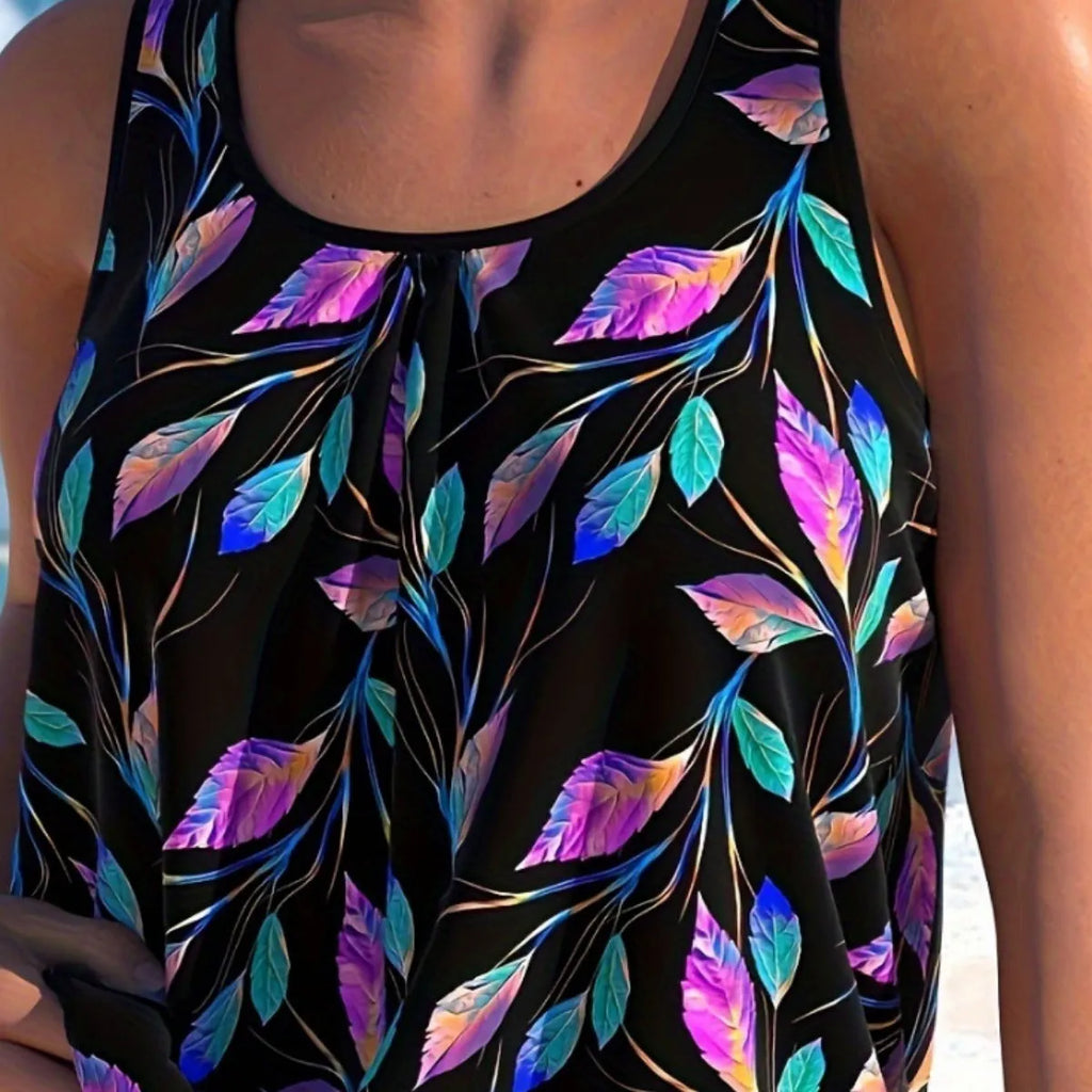 Women's pure colour leaf design swimsuit with matching top and shorts set