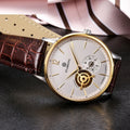 Automatic mechanical men's business watch with hollow dial on brown leather strap