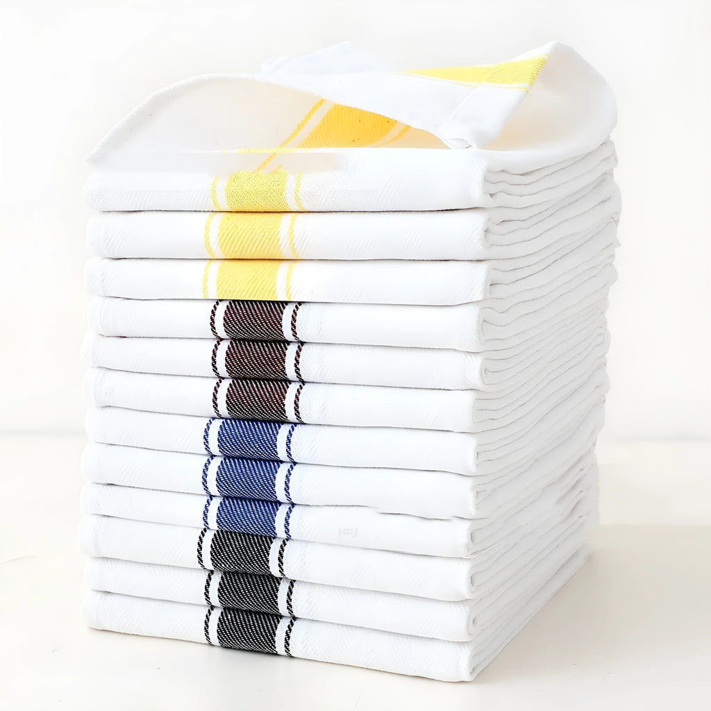 Pack of 12 striped cotton dish towels in assorted colours, showing dimensions of 48cm by 70cm.