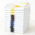 Pack of 12 striped cotton dish towels in assorted colours, showing dimensions of 48cm by 70cm.