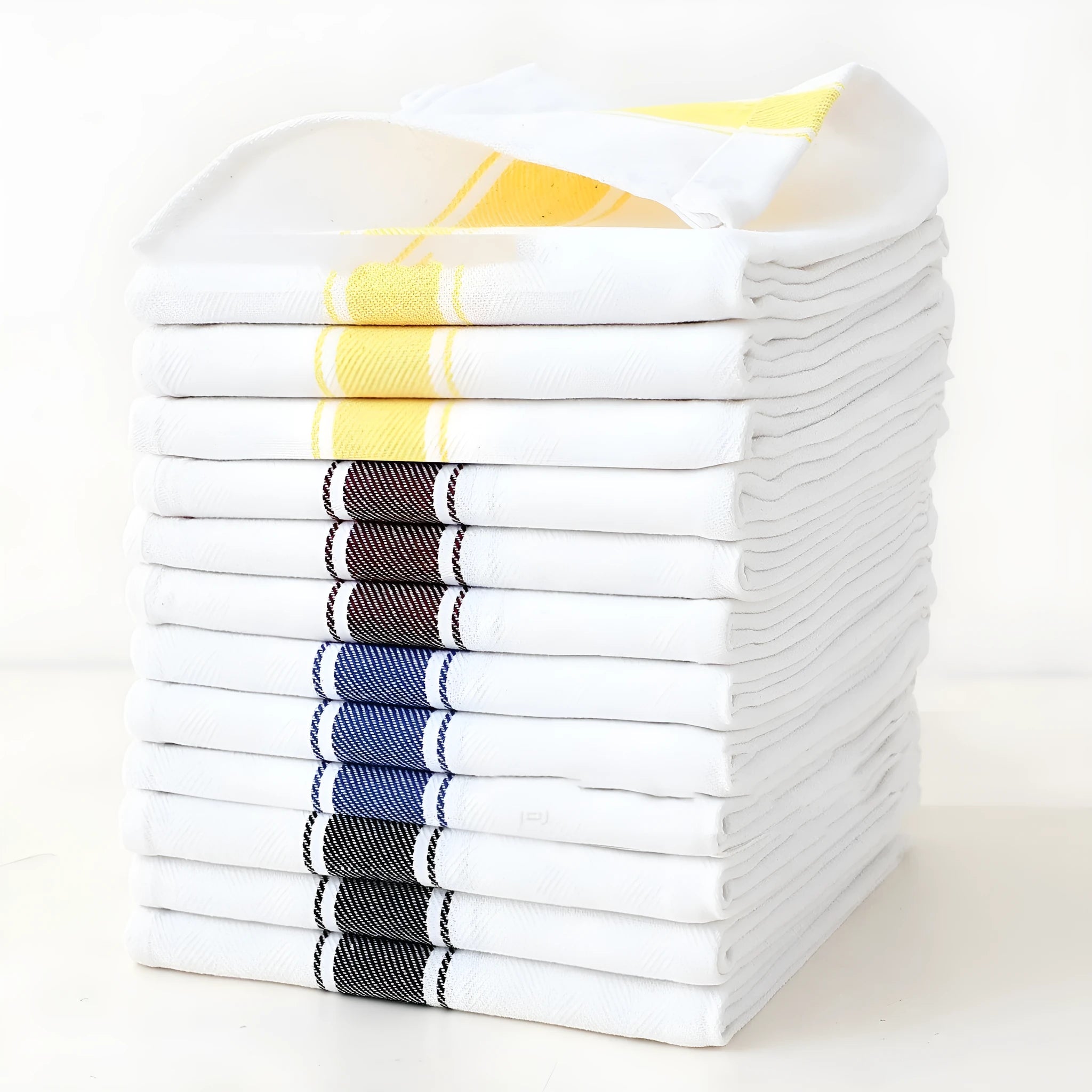 Pack of 12 striped cotton dish towels in assorted colours, showing dimensions of 48cm by 70cm.