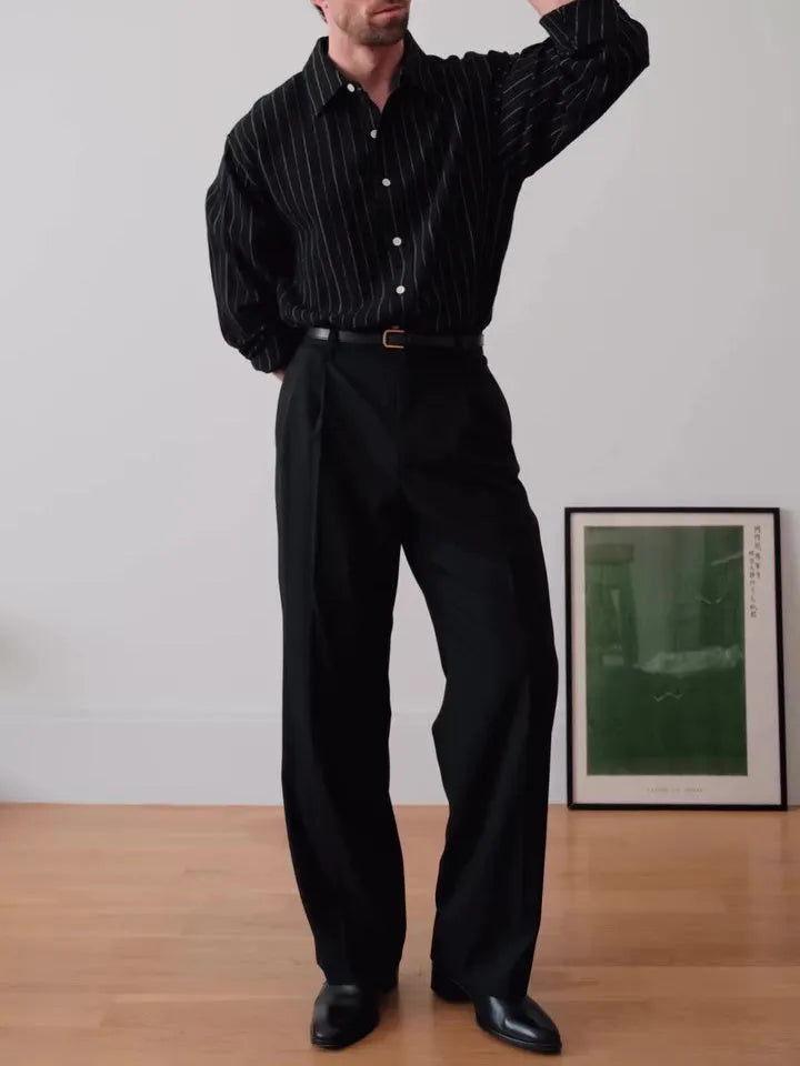 Men's black pinstripe polyester button-down shirt with regular fit on a hanger.