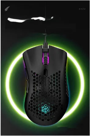 BM600 hollow-out luminous wireless gaming mouse in cyan, black, or white on a desktop.