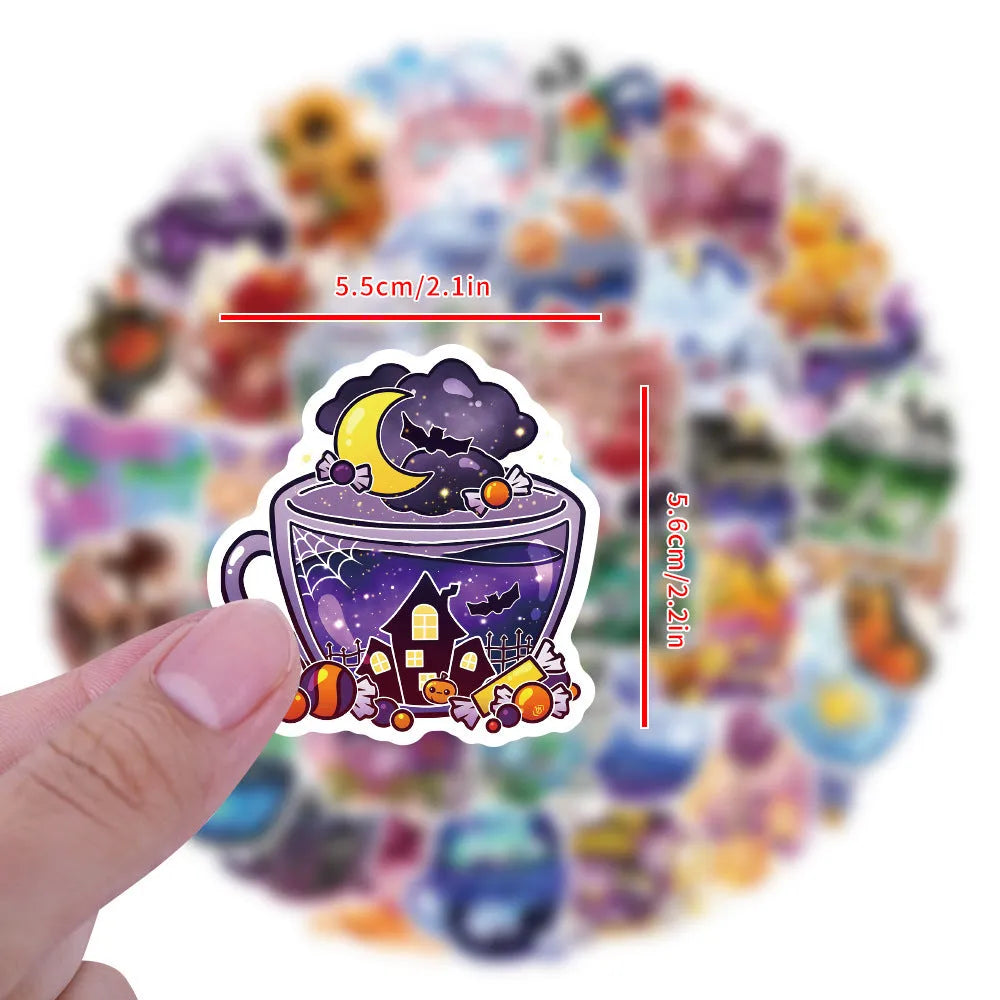 Pack of 50 colourful tea cup graffiti design waterproof vinyl stickers for DIY decoration.