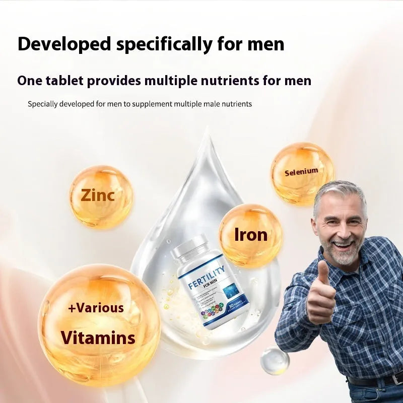Bottle of male fertility tablets with 60 tablets, complex of vitamins minerals and amino acids, sealed for cool dry storage