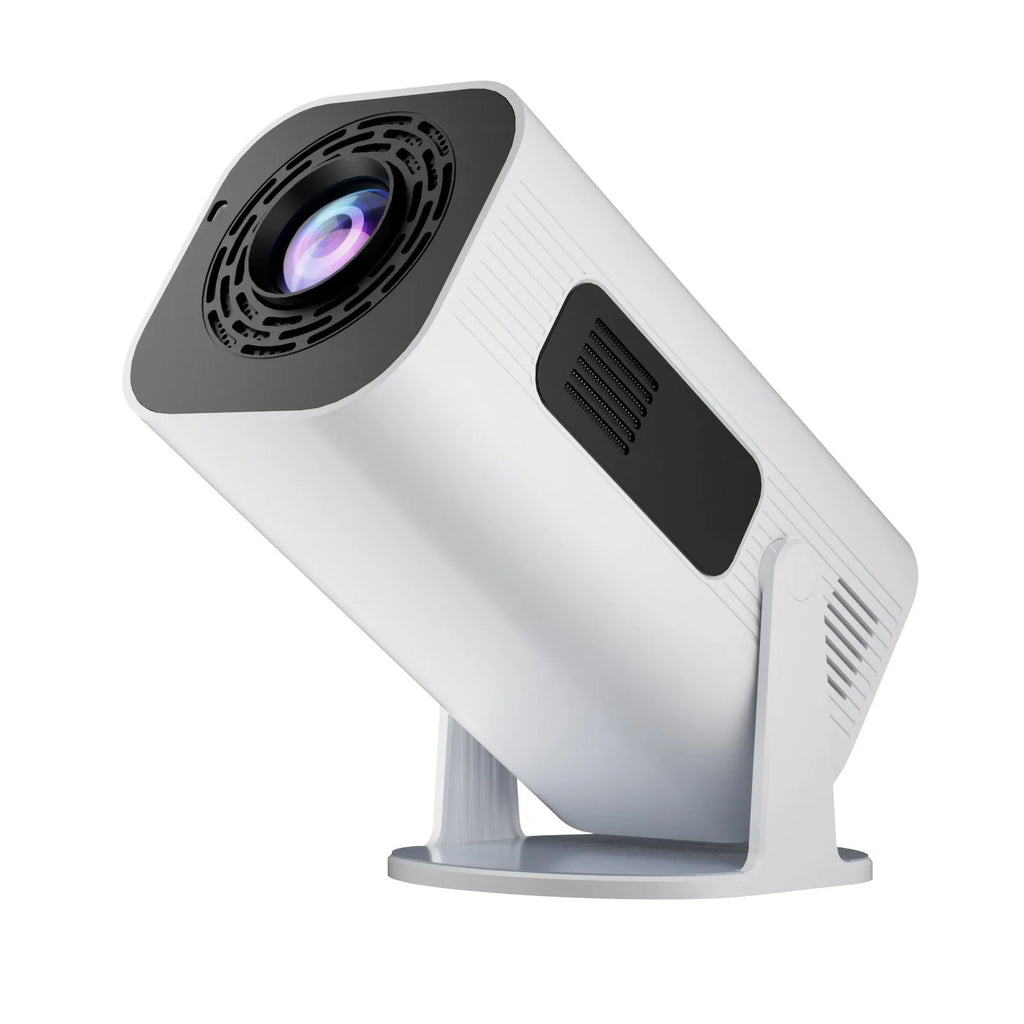 P330 black and white portable mini projector on a table with remote control.