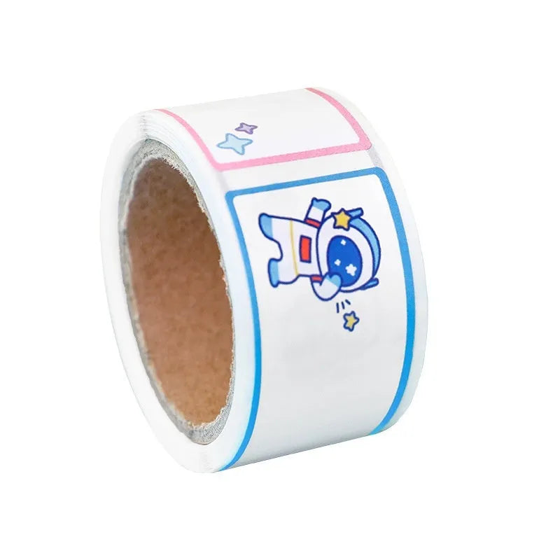 Roll of cartoon message index stickers showing dinosaur, astronaut, rabbit, and girl designs