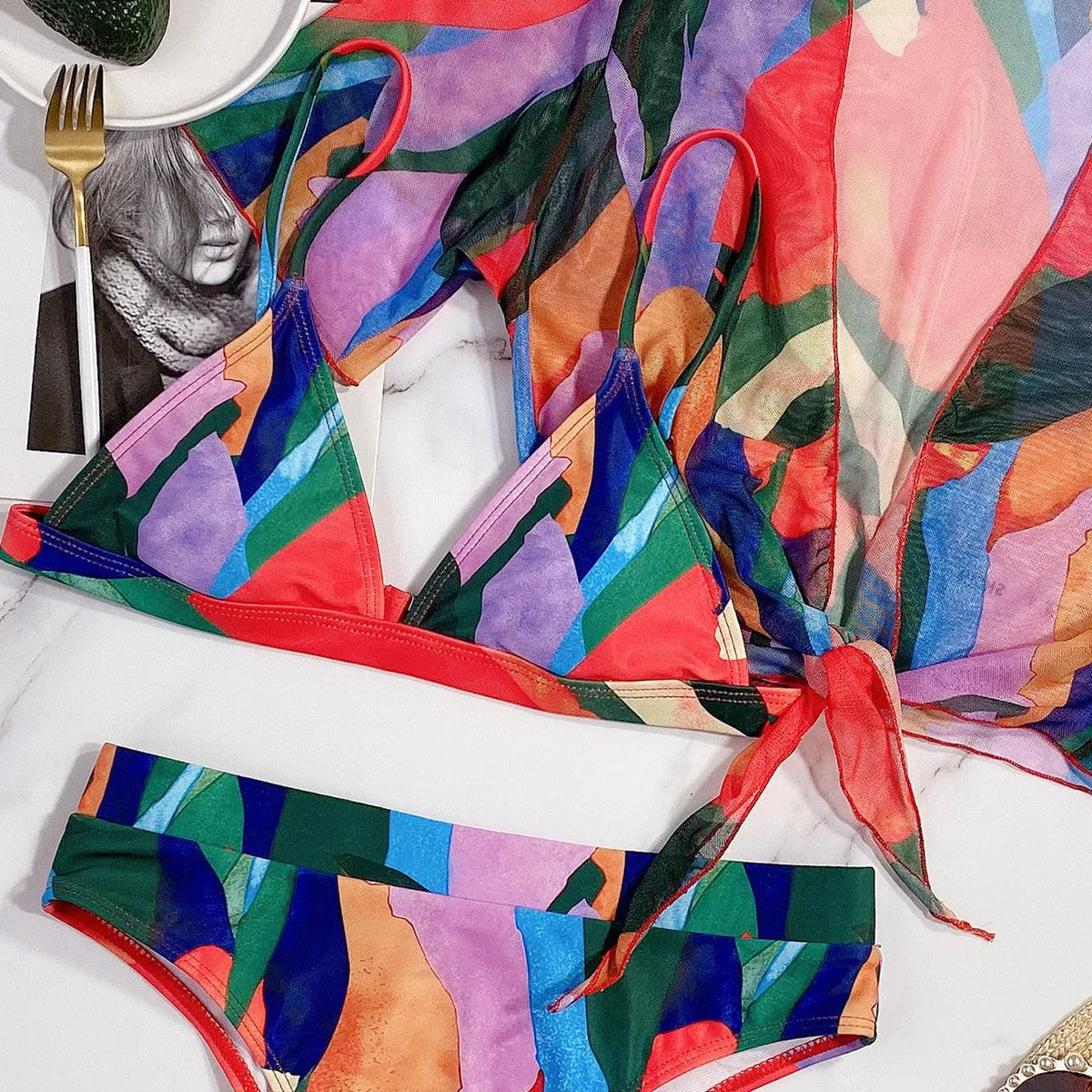 Red printed women's split swimsuit for swimming and surfing