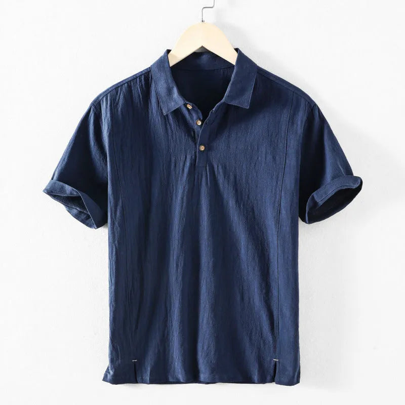 Men's loose fit cotton linen casual shirt in solid colours including milky white, navy blue, light grey and sky blue