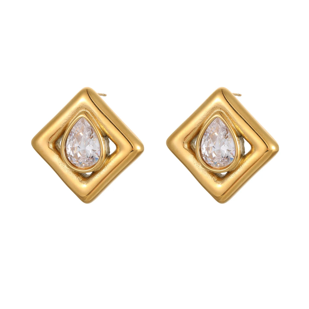 Gold geometric stud earrings with inlaid water drop zircon stones on stainless steel