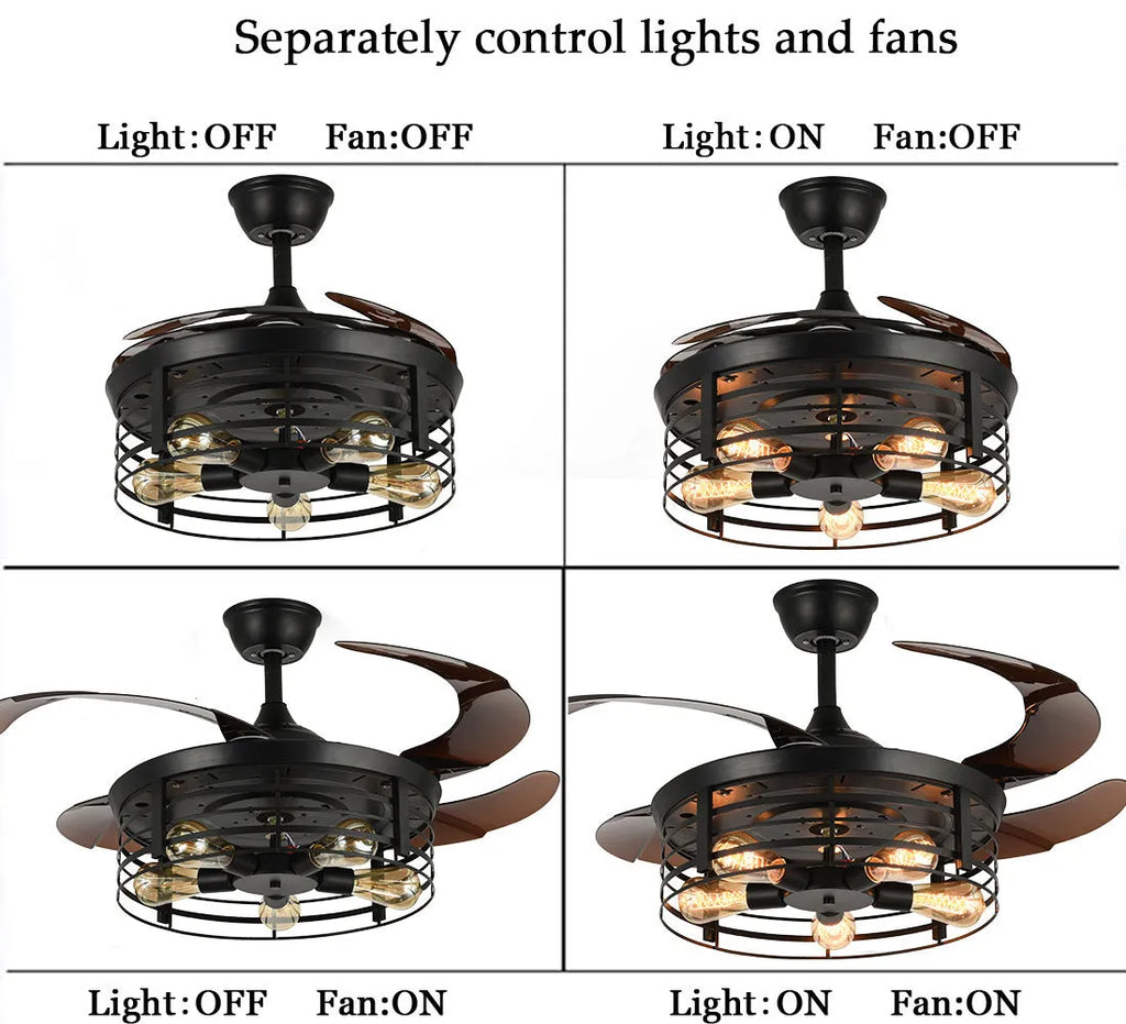 42-inch American retro style ceiling fan lamp with acrylic shade and invisible fan design.