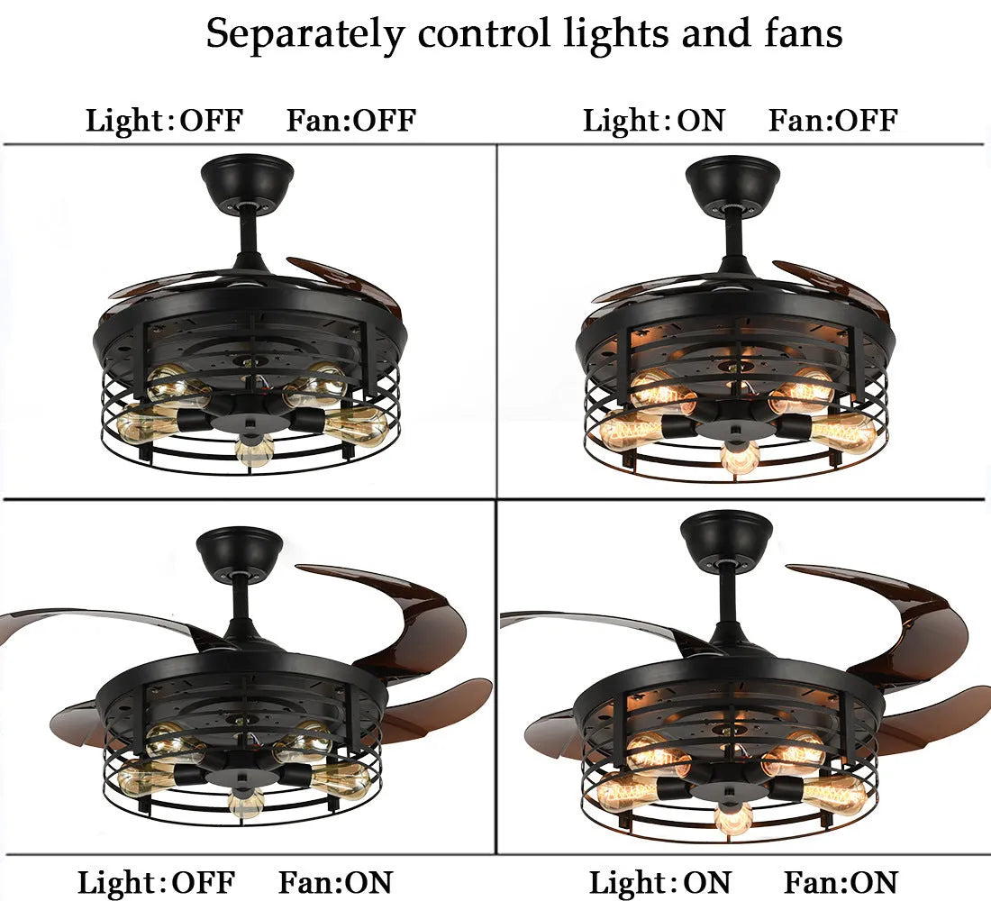 42-inch American retro style ceiling fan lamp with acrylic shade and invisible fan design.