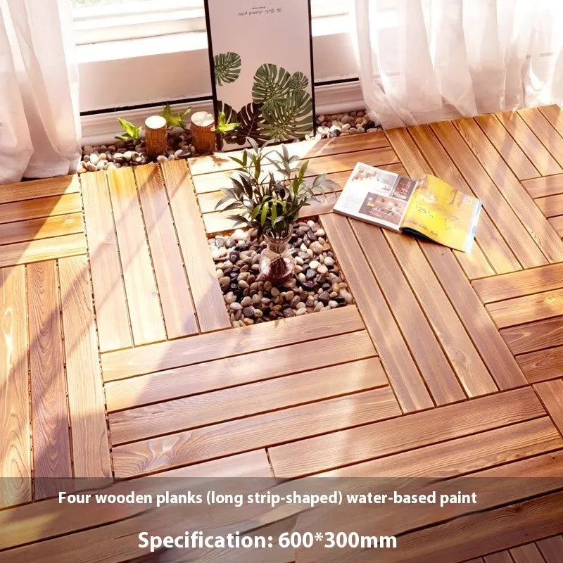 Camphor pine wood flooring tiles showing interlocking edges and wood grain texture