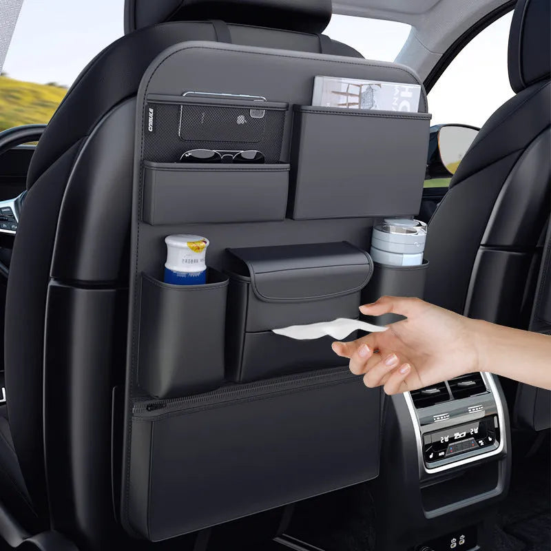 Black leather-look car seat back storage hanging bag with handle, two size options available