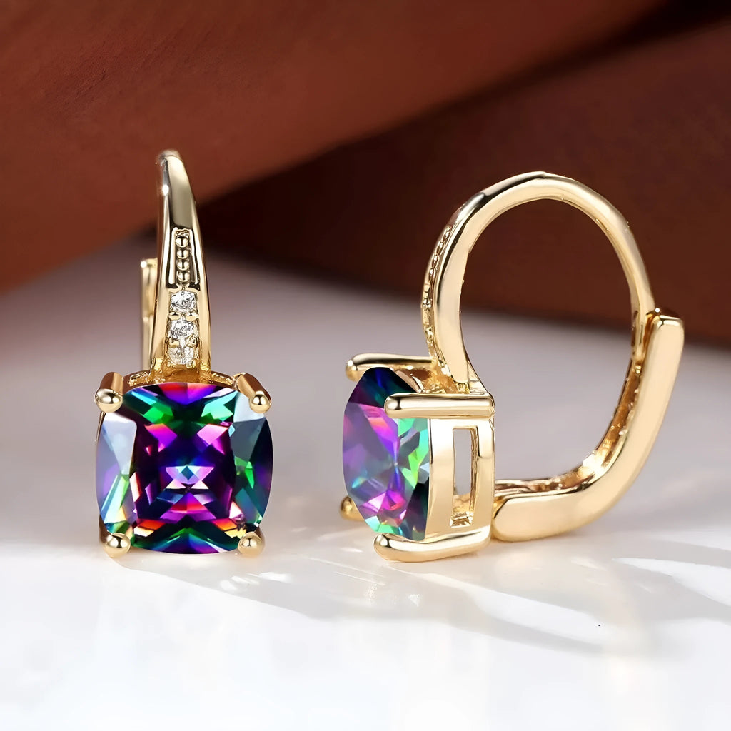 Square geometric ear clips with colourful moissanite inlays and electroplated gold finish