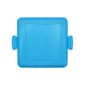 Red silicone baking tray with anti-scald protection and included gloves