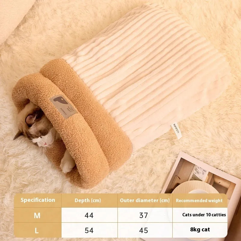 Soft plush semi-enclosed cat sleeping bag in brown with three-layer thickened design for winter warmth