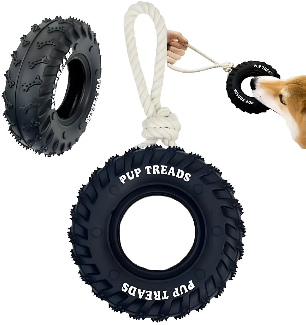 Black natural rubber dog chew toy shaped like a tire with rope, 35x16cm, for large aggressive chewers